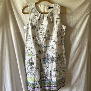 CHETTA B cute Paris cafe print dress. Sz 10 white w/pink yellow blue bl. & lime